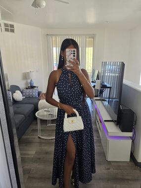 Sleeveless Navy Polka Dot Halter Maxi Dress